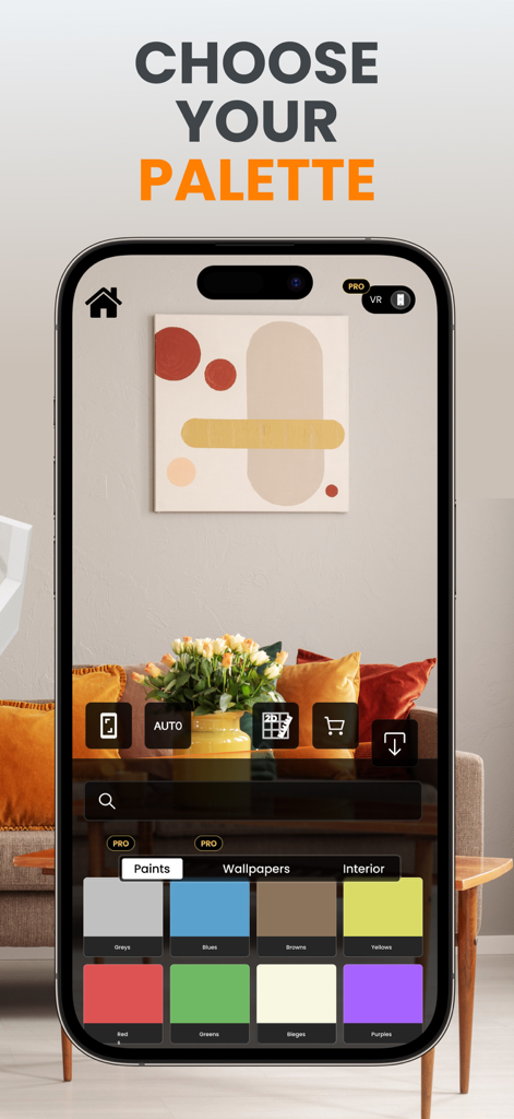 House Design Ai - Home Planner - Interface of the House Design Ai app showing a selection of paint colors and wallpaper options for home interior planning.