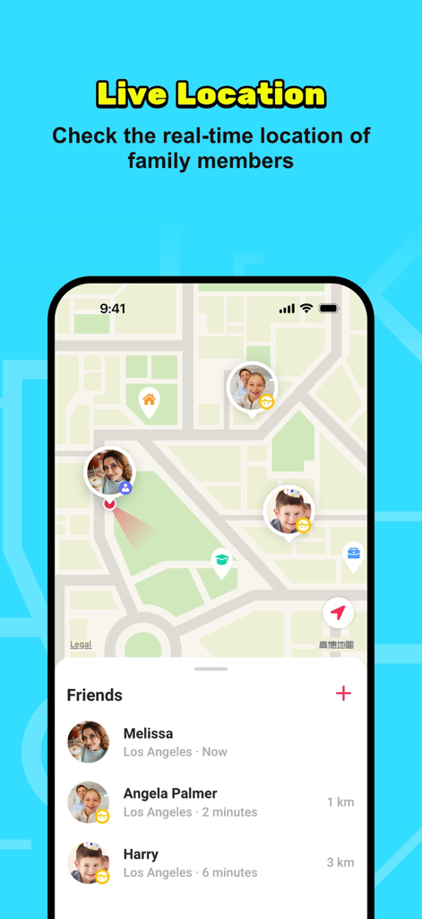 Live location tracking feature in JusTalk Family Messenger showing family members on a map