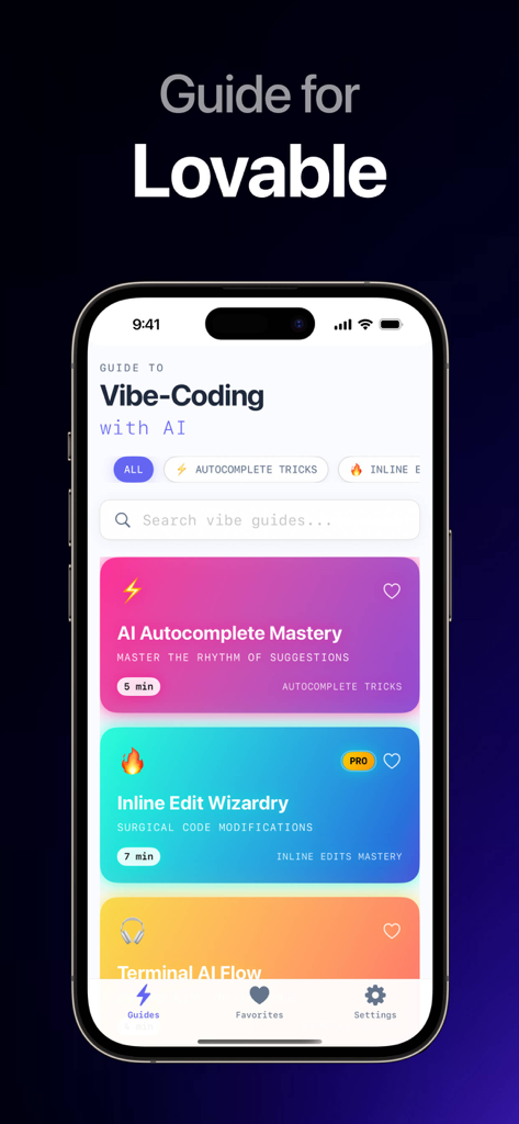 Guide for Lovable ai . - Interface of the Guide for Lovable AI app showing tutorials for vibe coding and AI autocomplete mastery.