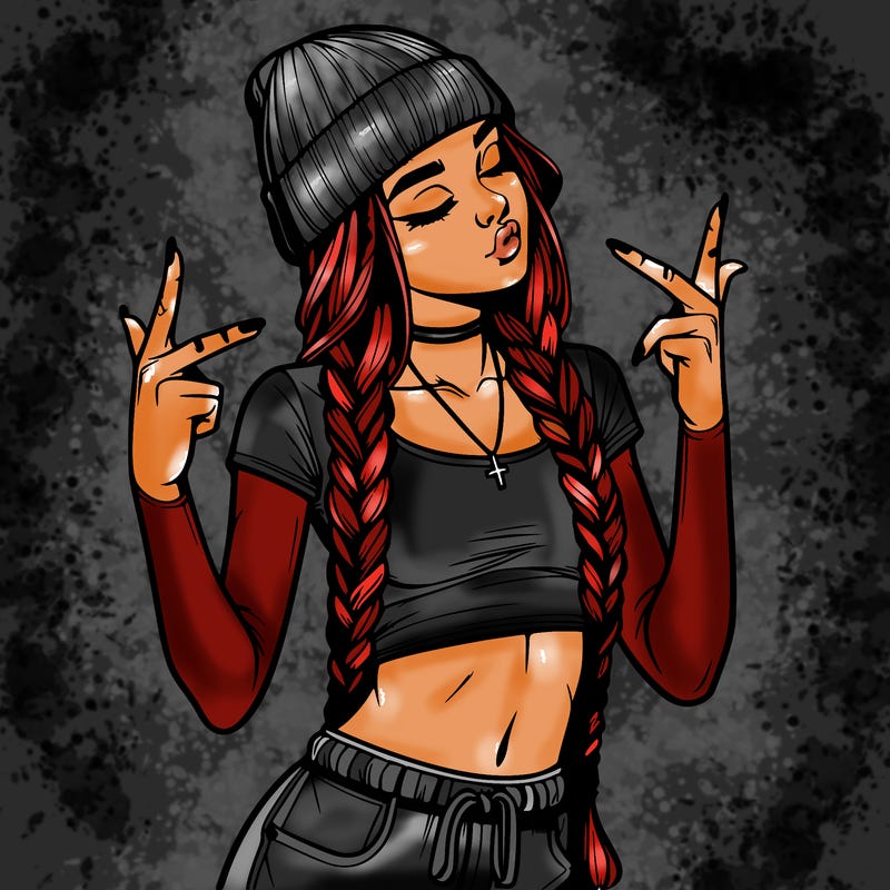 realistic teenage girl with braids and a beanie and crop top doing 🫶🏼