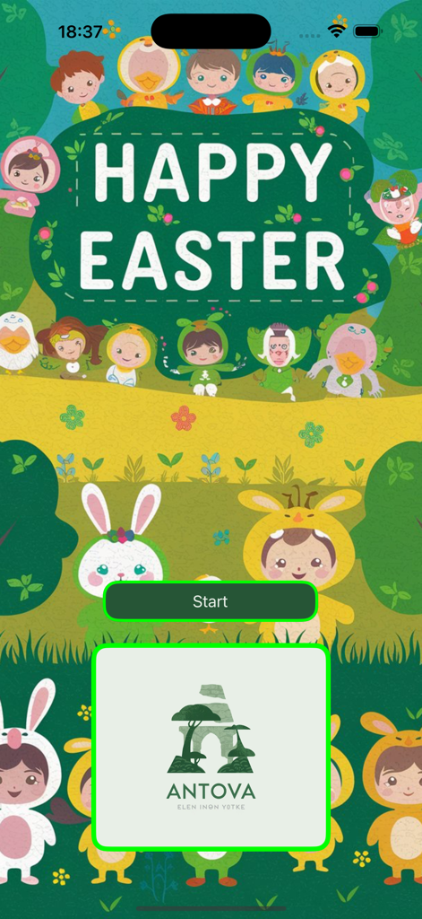 The home screen of the Antova app featuring a Happy Easter message and cartoon children in animal costumes.