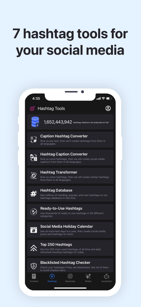 L'interface de l'application Hashtag Smart montrant une liste de sept outils de hashtags pour les réseaux sociaux, y compris une base de données et un calendrier des fêtes