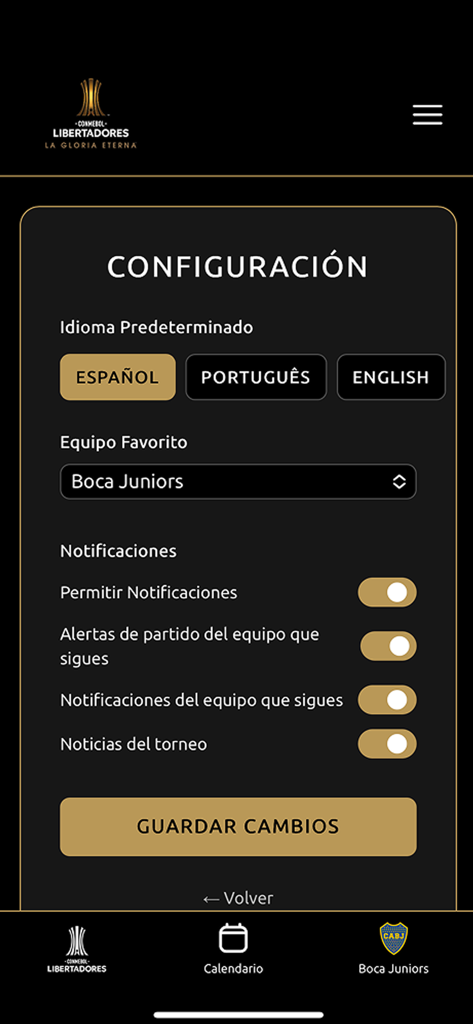 CONMEBOL Libertadores - La pantalla de configuración de la aplicación CONMEBOL Libertadores con opciones para selección de idioma, equipo favorito y preferencias de notificación.