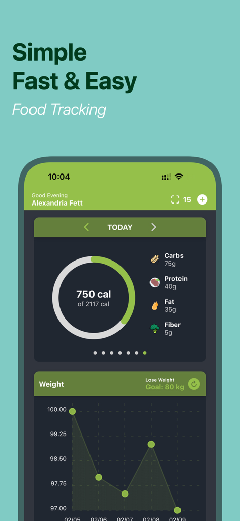 Calorie Scan - AI Food Tracker - Daily dashboard of Calorie Scan app showing calorie ring macros and weight graph