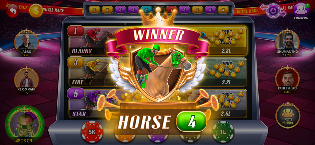 Royal Teenpatti - RTP - Un écran d'annonce de gagnant dans le jeu de course de chevaux Royal Race au sein de l'application Royal Teenpatti.