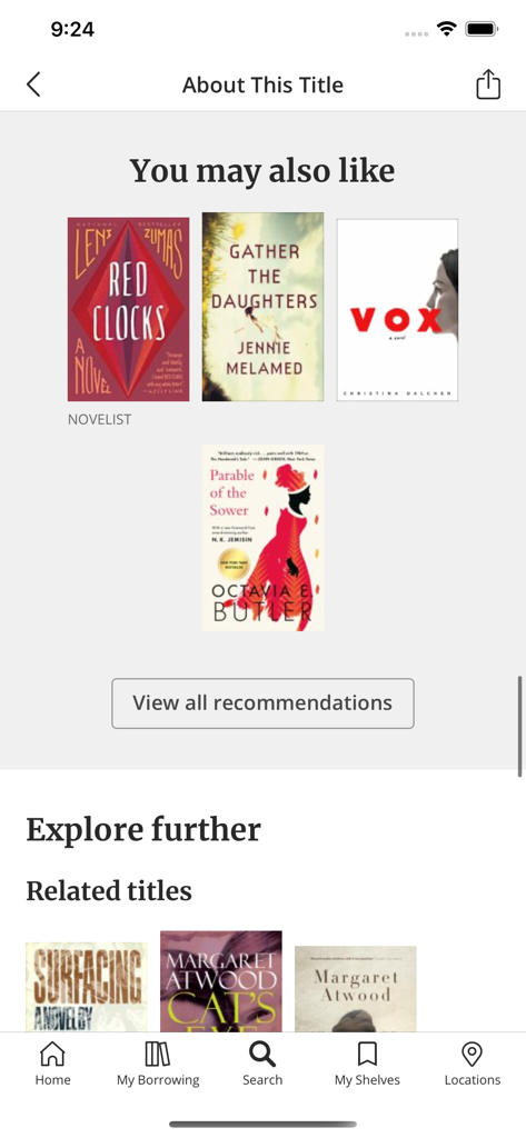 Schermata dell'app della Biblioteca Pubblica di Ottawa che mostra raccomandazioni di libri e titoli correlati