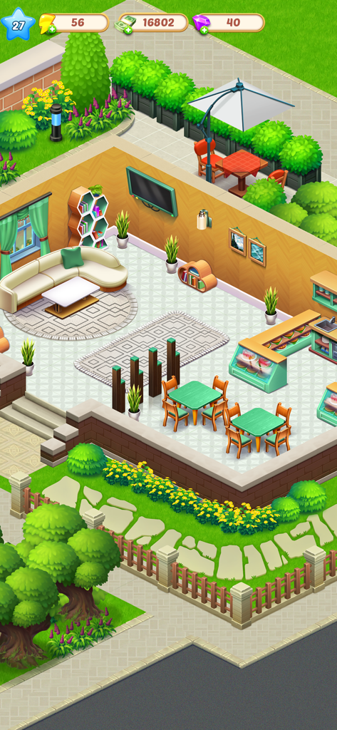 Decorated restaurant interior and outdoor garden in Merge Food