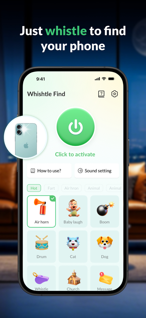 Whistle - Find phone by clap - Smartphone screen showing the main interface of the Whistle Find app with sound alert options like air horn and animal noises