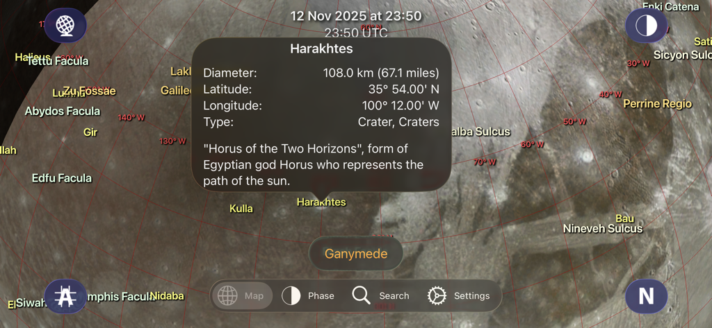 Jupiter Atlas - Mapa de superficie de Ganímedes que muestra información detallada del cráter Harakhtes en la aplicación Atlas de Júpiter