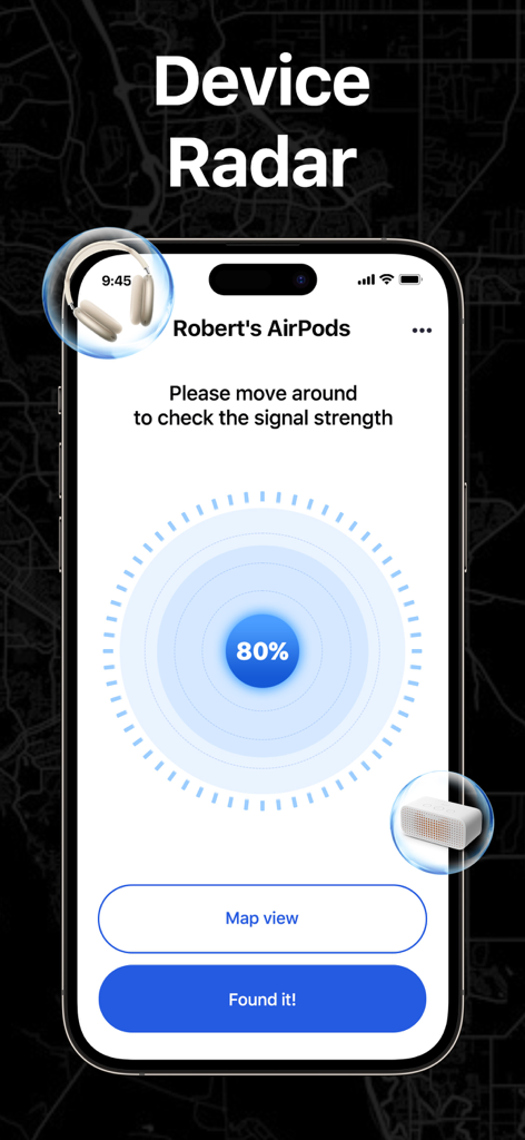 Air Find - My Devices Tracker - Air Find app interface showing the Device Radar feature with 80 percent signal strength to locate lost Bluetooth devices