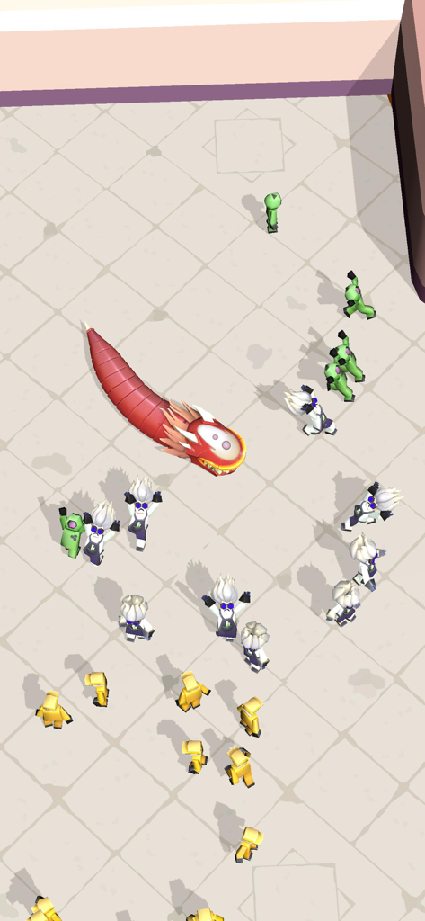 A large red alien worm devouring small human characters in the Planet-Eater game.