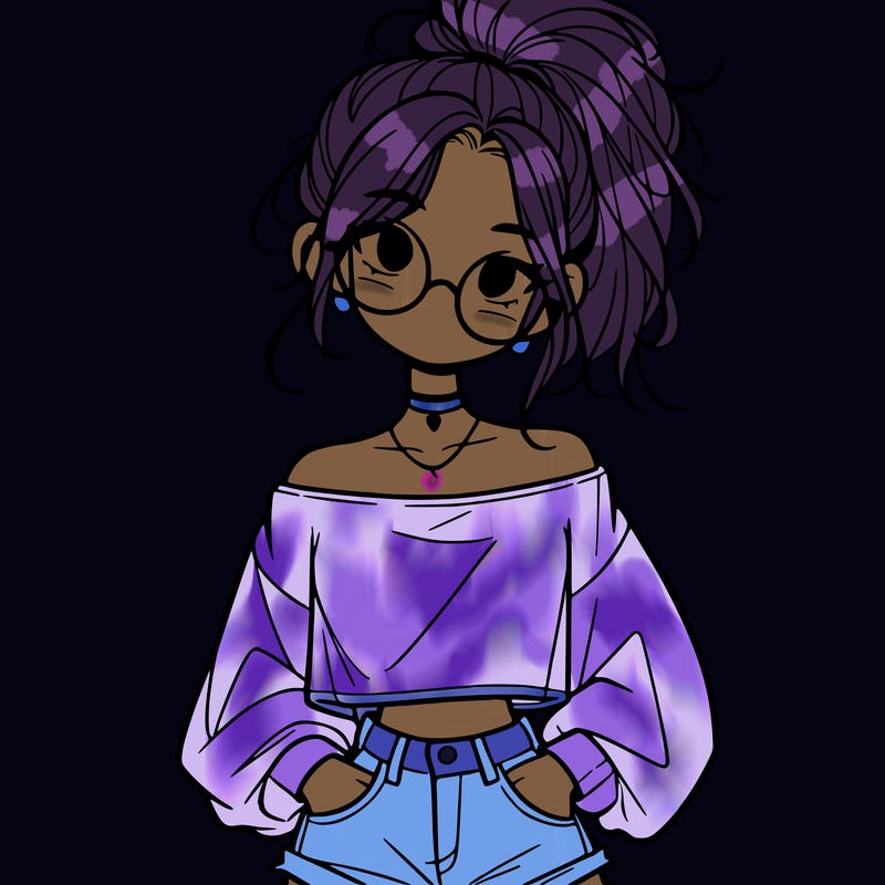 girl with a messy ponytail glasses a baggy crop top and jean shorts