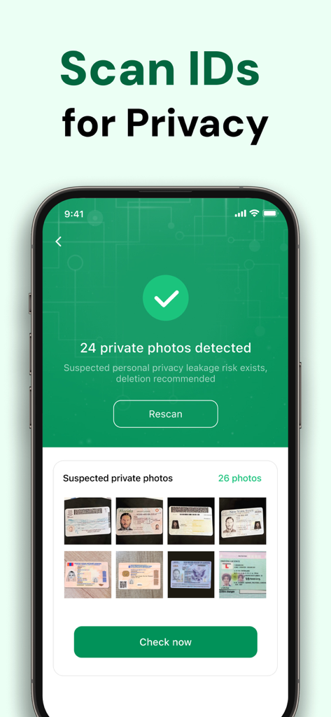 A smartphone screen showing the CallGuru app scanning for sensitive ID photos to protect user privacy
