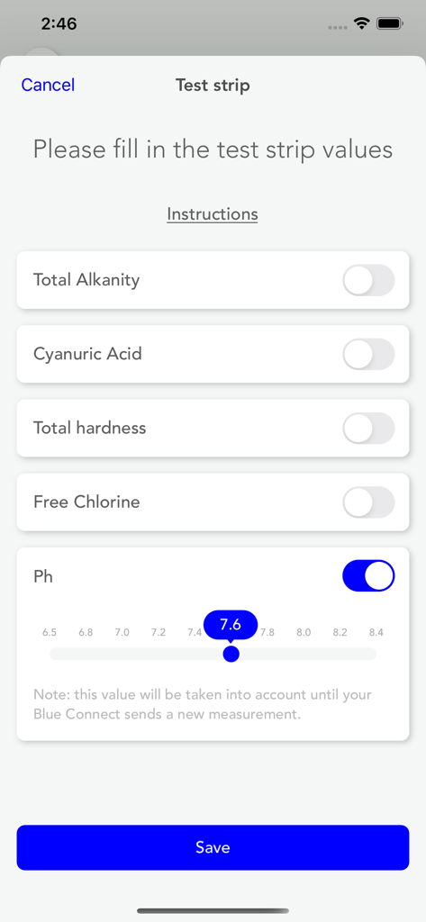 Blueriiot - Blue Connect - Manueller Eingabebildschirm für Pool-Teststreifen-Werte wie pH-Wert und Chlor in der Blueriiot App