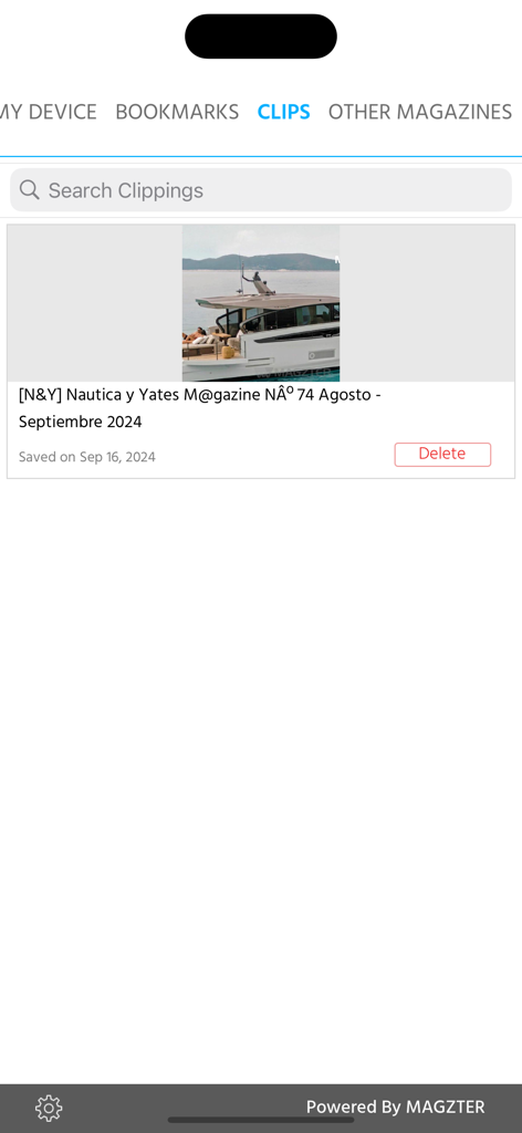 [N&Y] Nautica y Yates M@gazine - Sección de clips de la aplicación Nautica y Yates Magazine con un artículo guardado sobre un yate de lujo.