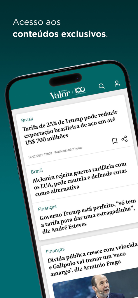 Valor Economico mobile app showing exclusive financial and political news headlines