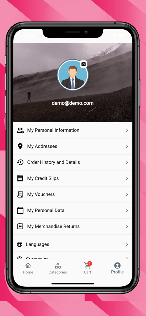 PrestaShop Mobile App - Tela de perfil da demonstração do Aplicativo Móvel PrestaShop mostrando opções de conta do comerciante, incluindo histórico de pedidos e informações pessoais