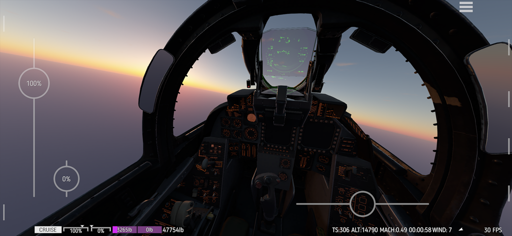 First-person cockpit view of a fighter jet during sunset in the Carrier Landing HD flight simulator.