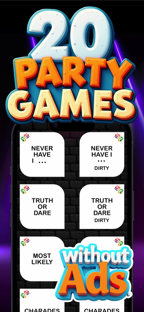 I have never ever +18 Dirty - Una pantalla de smartphone que muestra una variedad de juegos de fiesta como Verdad o Reto y Yo nunca he... sin anuncios.