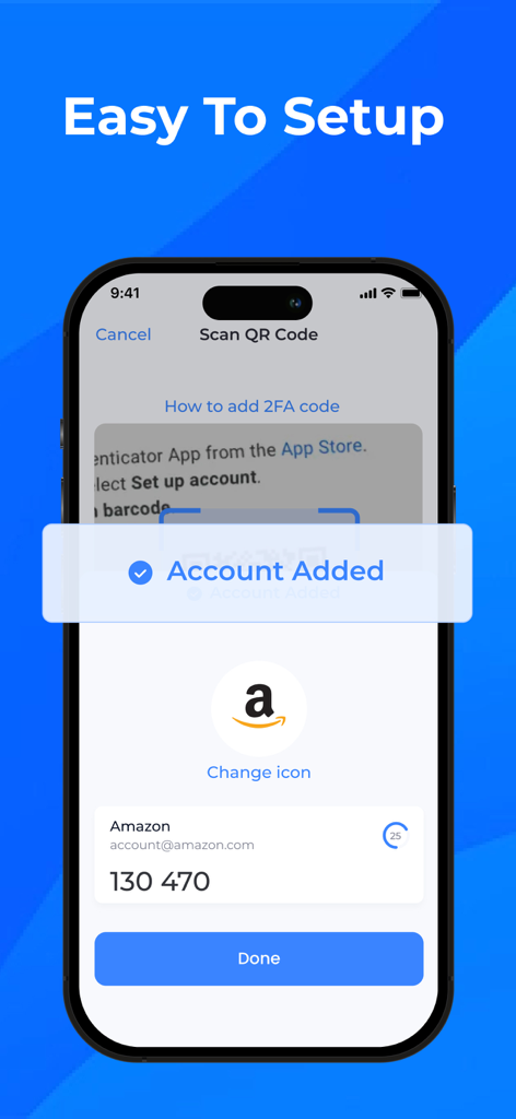 Interface de l'application d'authentification montrant un compte Amazon 2FA ajouté avec succès