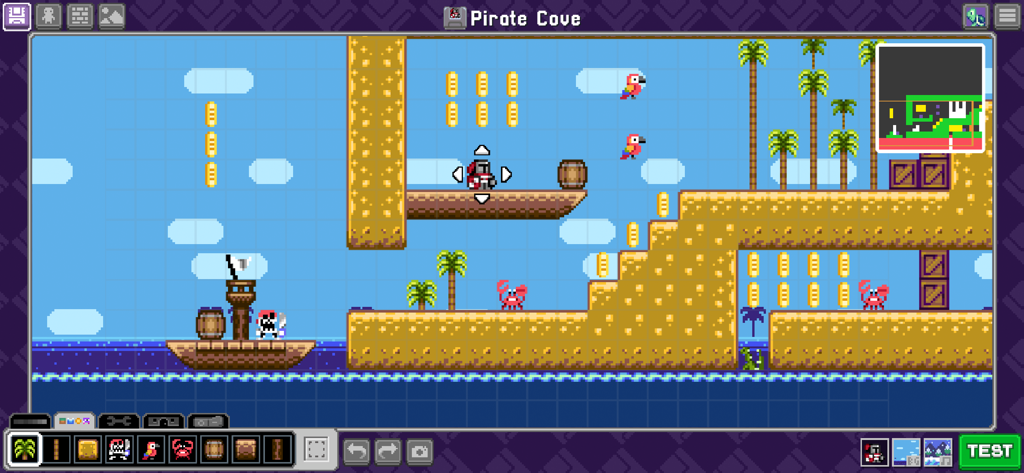 Interface of the Bloxels app showing a custom pirate-themed video game level being built with pixel art characters and items.