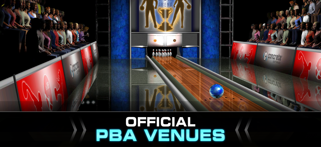 PBA® Bowling Challenge - A blue bowling ball rolling down a lane in a professional PBA tournament arena with spectators.