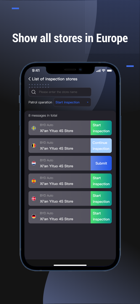BYD Smart Operations - List of BYD stores in Europe available for inspection in the Smart Operations app interface.