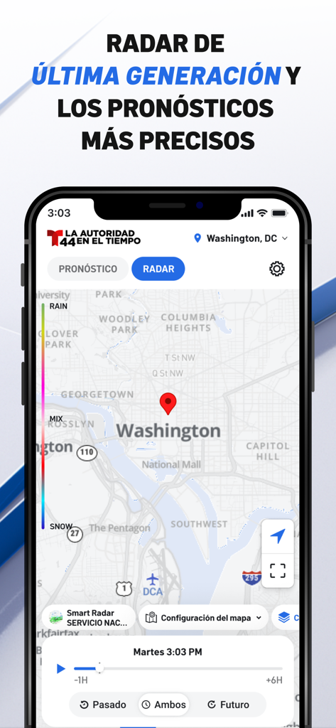 Telemundo 44 Washington app displaying a real-time weather radar for the DC metropolitan area