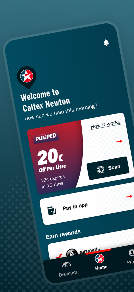Caltex NZ app home screen showing fuel discounts and pay in app options