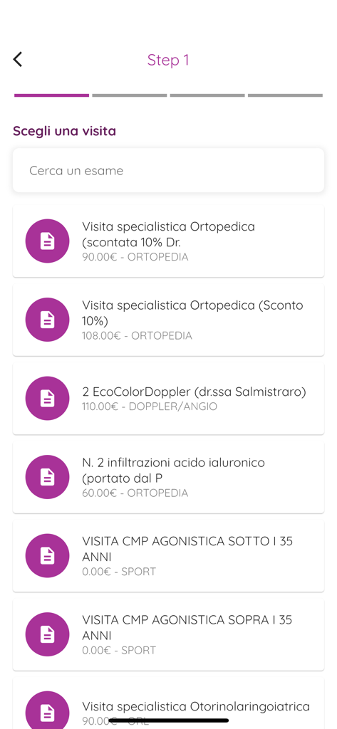 BMED - Interface of the BMED app showing a list of medical services and specialist visits for booking.