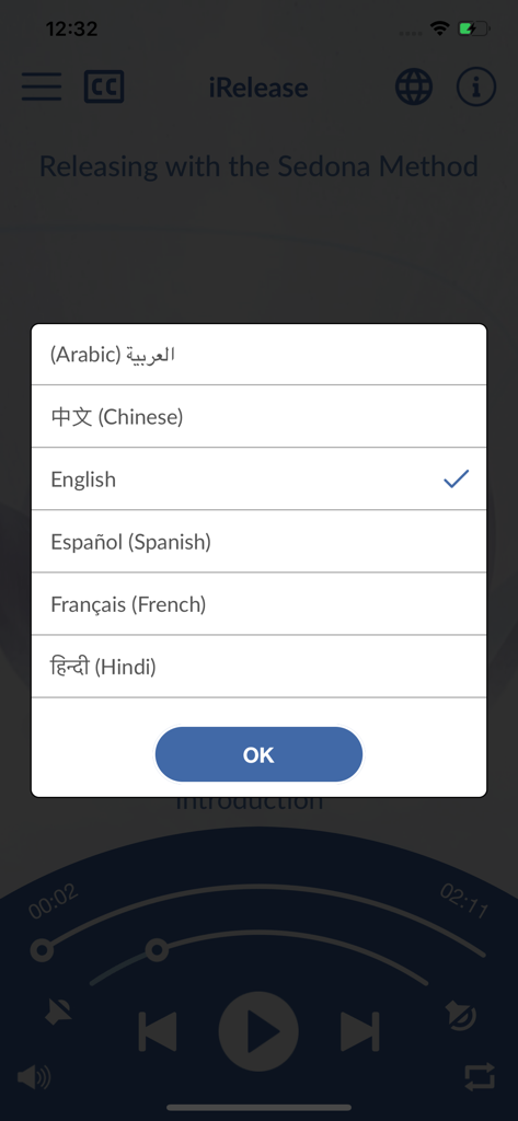 iRelease Relieve Stress Now - A language selection menu in the iRelease app showing options for Arabic, Chinese, English, Spanish, French, and Hindi.