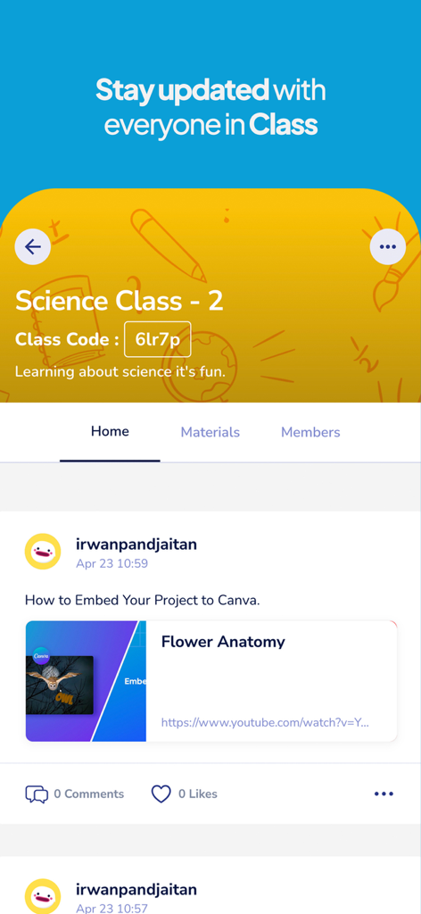 Interface of Assemblr EDU app showing a science class feed with a lesson on flower anatomy