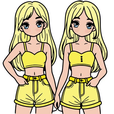 two sisters with crop tops and jean shorts and straight hair