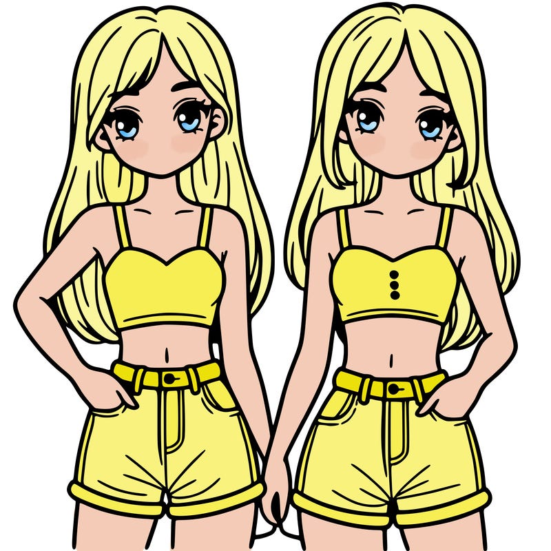 two sisters with crop tops and jean shorts and straight hair