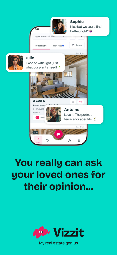 Vizzit - achat location - Smartphone screen showing Vizzit app feature for sharing property listings and receiving feedback from friends