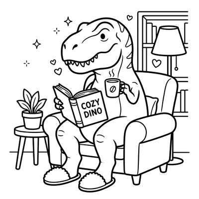 Dive into a world of comfort with this delightful coloring page featuring an Adult T-Rex enjoying a peaceful weekend. Perfect for unwinding, this design captures the essence of cozy home moments with a prehistoric twist.