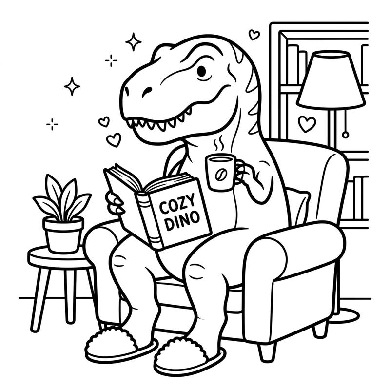 Dive into a world of comfort with this delightful coloring page featuring an Adult T-Rex enjoying a peaceful weekend. Perfect for unwinding, this design captures the essence of cozy home moments with a prehistoric twist.