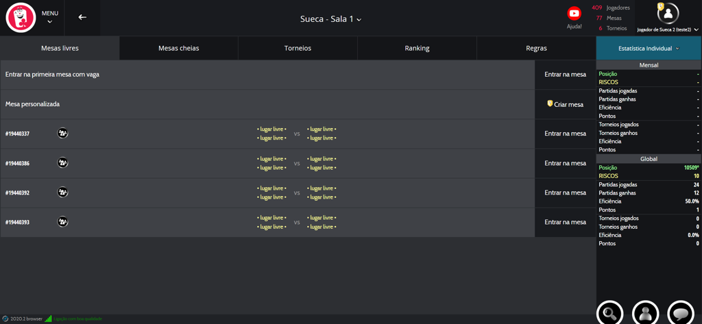 Suecalandia - Jogos Online - Lobby da aplicação Suecalandia mostrando mesas de jogo abertas e estatísticas de jogadores