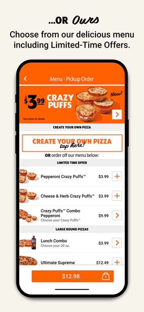 Little Caesars mobile app menu showing pizza and crazy puffs for pickup
