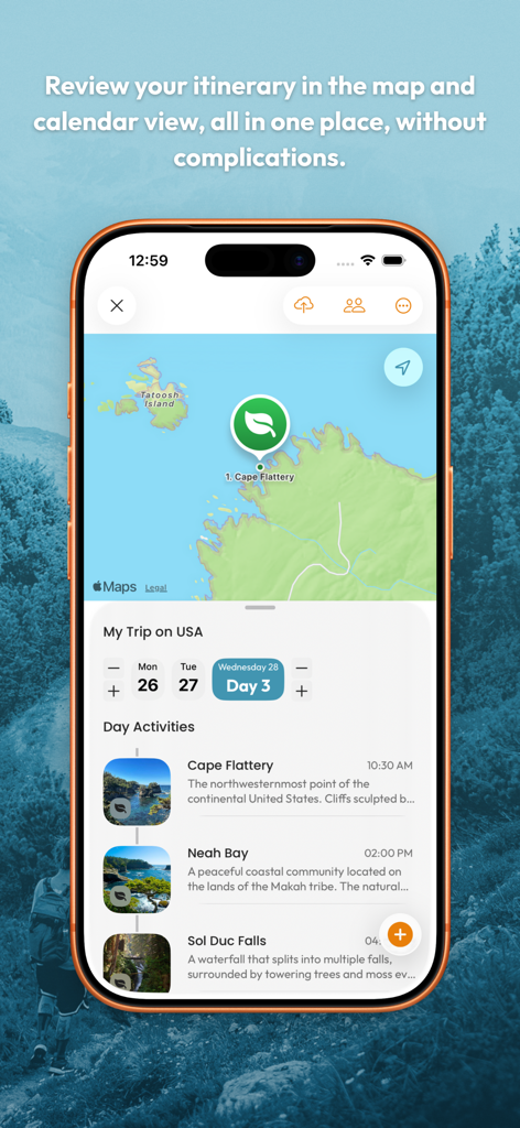 TripPlanny: Plan your trip - Interfaz de la aplicación móvil TripPlanny que muestra un itinerario de viaje con un mapa integrado y una lista de actividades diarias.