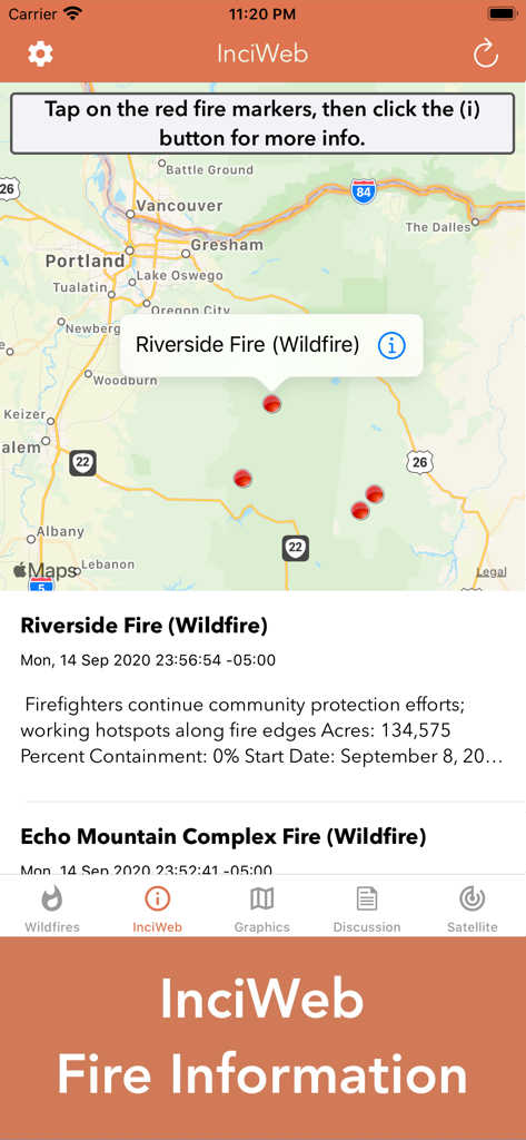 Riverside Fire에 대한 산불 표시와 특정 사건 세부 정보가 있는 지도를 보여주는 Wildfire 앱의 InciWeb 섹션.
