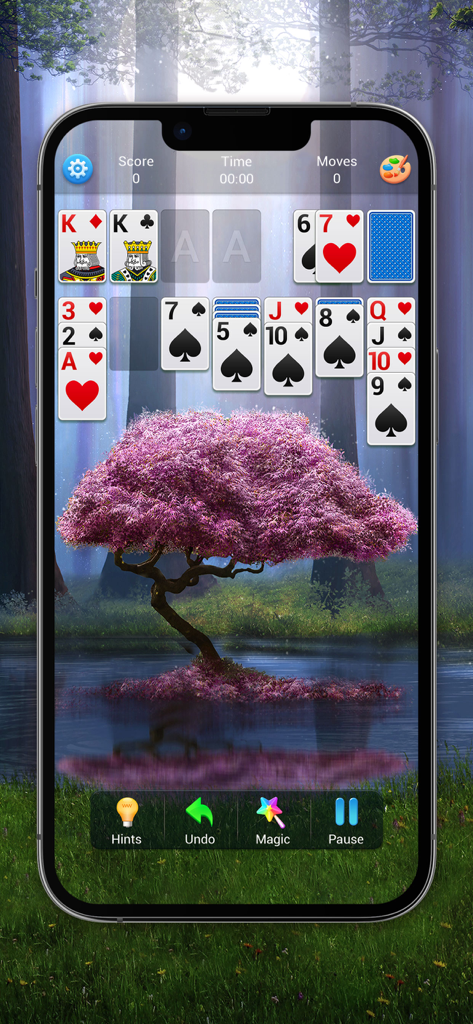 Solitaire, Klondike Card Games - Mobile Klondike Solitaire game interface featuring a serene pink tree background