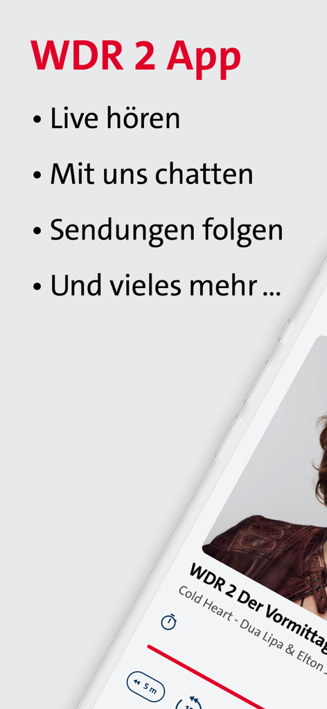 Screenshot of the WDR 2 app showing features like live radio, chat, and podcasts in German