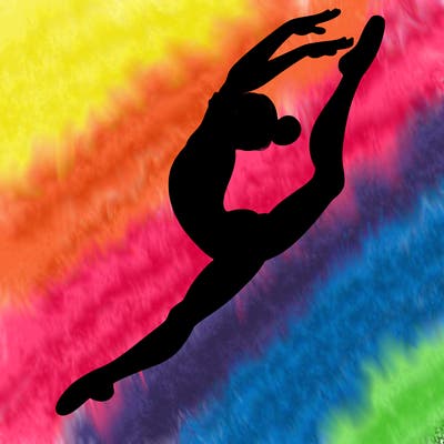 gymnast doing a leap in a leotard with a bent back leg