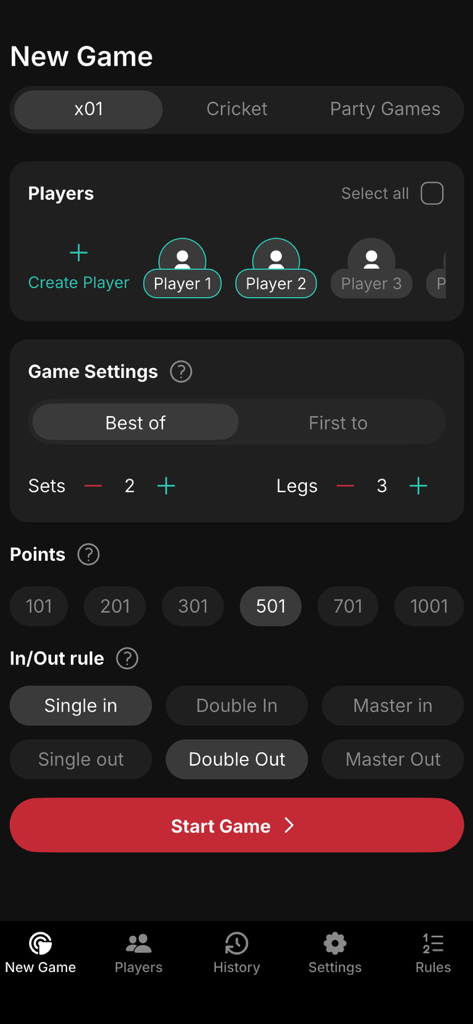 New game configuration screen for the Dart Scoreboard app with X01 game settings and player selection.