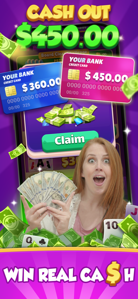 Una mujer sosteniendo un abanico de dinero con tarjetas bancarias digitales que muestran un saldo de 450 dólares en Solitaire Thrill