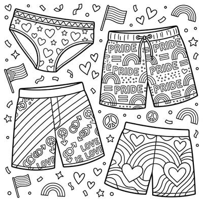Dive into the spirit of Pride Month with this festive men's swimwear coloring page! Featuring a variety of styles adorned with symbols of love, rainbows, and empowering messages.