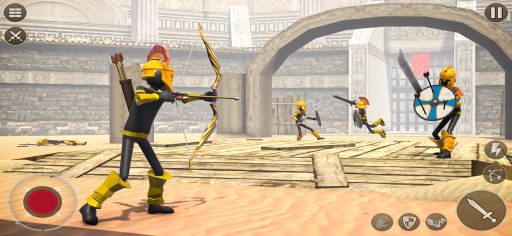 Stickman 3D Gladiator - A stickman gladiator in yellow armor aiming a bow in a 3D arena battle