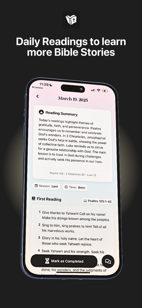 My Daily Prayer Journal - A smartphone showing a daily Bible reading summary with scriptures from Psalms in the My Daily Prayer Journal app.