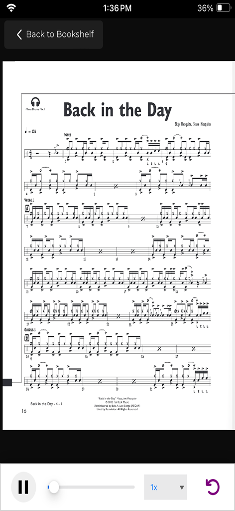 Hudson Music app displaying a digital drum music sheet titled Back in the Day with interactive audio playback controls.